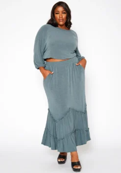 Asoph Plus Size Ruffle Trim Knit Maxi Skirt