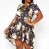 Asoph Plus Size Brocade Print High Low Flare Dress