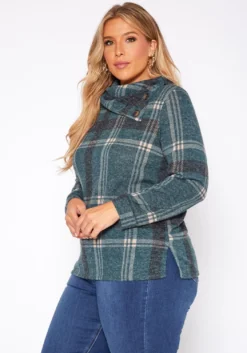 Plus Size Plaid Print Asymmetric Neck Sweater -Asoph Fashion Shop 2018299 103 2