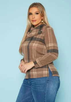 Plus Size Plaid Print Asymmetric Neck Sweater -Asoph Fashion Shop 2018299 190 2