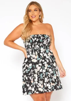 Asoph Plus Size Smocked Floral Print Mini Dress