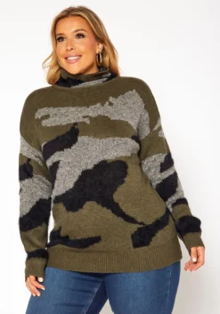 Asoph Plus Size Camo Print Funnel Neck Sweater