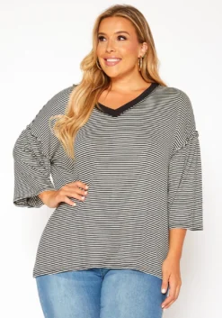 Asoph Plus Size Pin Striped V Neck Shirt