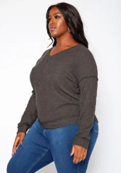 Plus Size Waffle Knit V Neck Top -Asoph Fashion Shop 2018410 108 2
