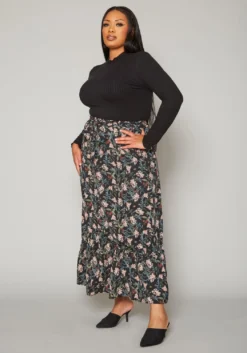Plus Size Floral Pattern Flare Maxi Skirt -Asoph Fashion Shop 2018419 001 2