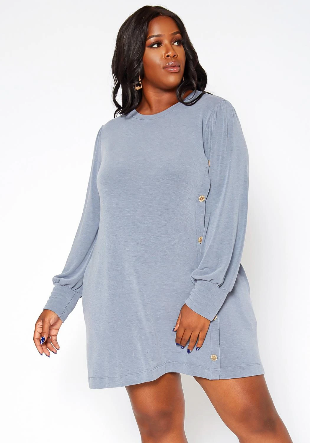 Asoph Plus Size Button Hem Flare Mini Dress 2 Asoph Plus Size Button Hem Flare Mini Dress - Image 2