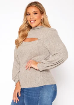 Plus Size Keyhole Front Mock Neck Knit Top -Asoph Fashion Shop 2018503 115 2