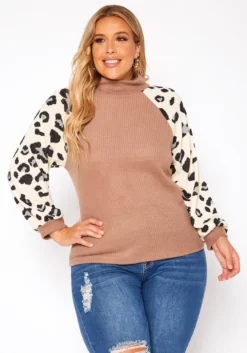 Asoph Plus Size Leopard Print Waffle Knit Sweater