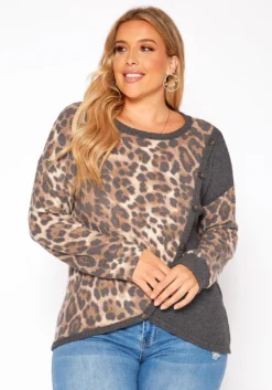 Asoph Plus Size Leopard Splice Knit Sweater