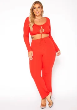 Asoph Plus Size Ribbed Knit Crop Top & Pants Set