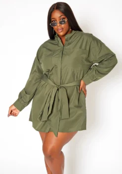 Asoph Plus Size Button Front Collar Mini Dress