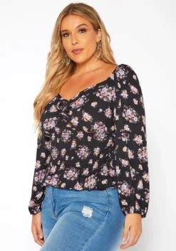 Asoph Plus Size Floral Print Smocked V Neck Top -Asoph Fashion Shop 2018580 001 2