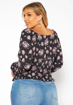 Asoph Plus Size Floral Print Smocked V Neck Top -Asoph Fashion Shop 2018580 001 3