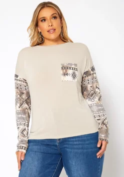 Asoph Plus Size Aztec Print Long Sleeve Top