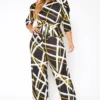 Asoph Plus Size Grid Striped Peplum Top & Straight Pants Set