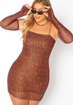 Asoph Plus Size Greek Key Print Bodycon Mini Dress & Glove Set