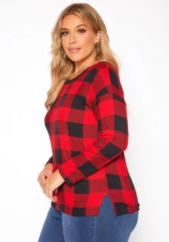 Asoph Plus Size Plaid Print Long Sleeve Top -Asoph Fashion Shop 2018622 110 2
