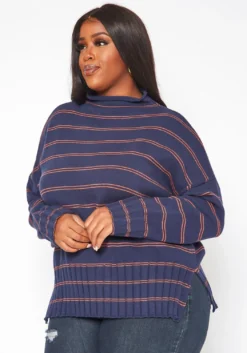 Plus Size Striped High Neck Knit Sweater -Asoph Fashion Shop 2018633 117 2
