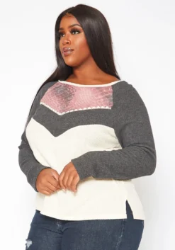 Plus Size Color Block Long Sleeve Knit Top -Asoph Fashion Shop 2018636 128 2