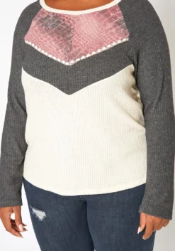 Plus Size Color Block Long Sleeve Knit Top -Asoph Fashion Shop 2018636 128 4