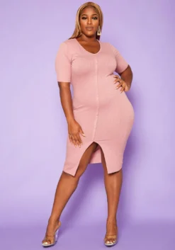 Plus Size Button Front Bodycon Midi Dress