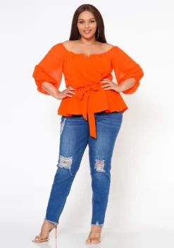 Plus Size Off Shoulder Long Sleeve Peplum Top -Asoph Fashion Shop 2018660 001 3