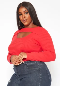 Plus Size Ribbed Knit Long Sleeve Top -Asoph Fashion Shop 2018668 110 2