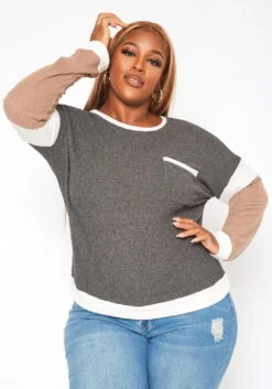 Plus Size Color Block Long Sleeve Shirt