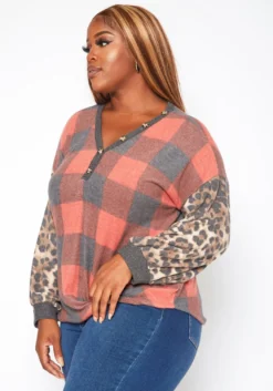 Plus Size Pattern Splice V Neck Shirt -Asoph Fashion Shop 2018754 110 2