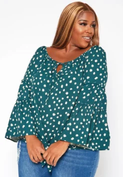 Plus Size Polka Dotted Flare Sleeve Top