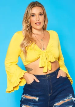 Plus Size Wide Flare Long Sleeve Tie Front Top