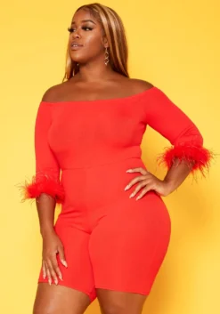 Plus Size Feather Trim Off Shoulder Bodycon Romper -Asoph Fashion Shop 2018789 110 2