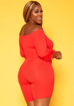 Plus Size Feather Trim Off Shoulder Bodycon Romper -Asoph Fashion Shop 2018789 110 3