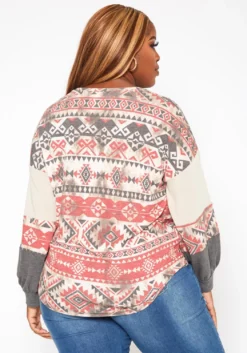 Plus Size Aztec Print Tie Front Sweater -Asoph Fashion Shop 2018799 110 2