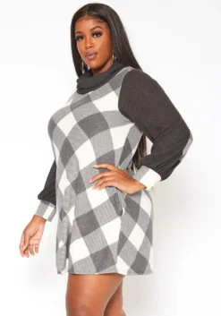 Plus Size Plaid Print Funnel Neck Mini Dress -Asoph Fashion Shop 2018802 107 2
