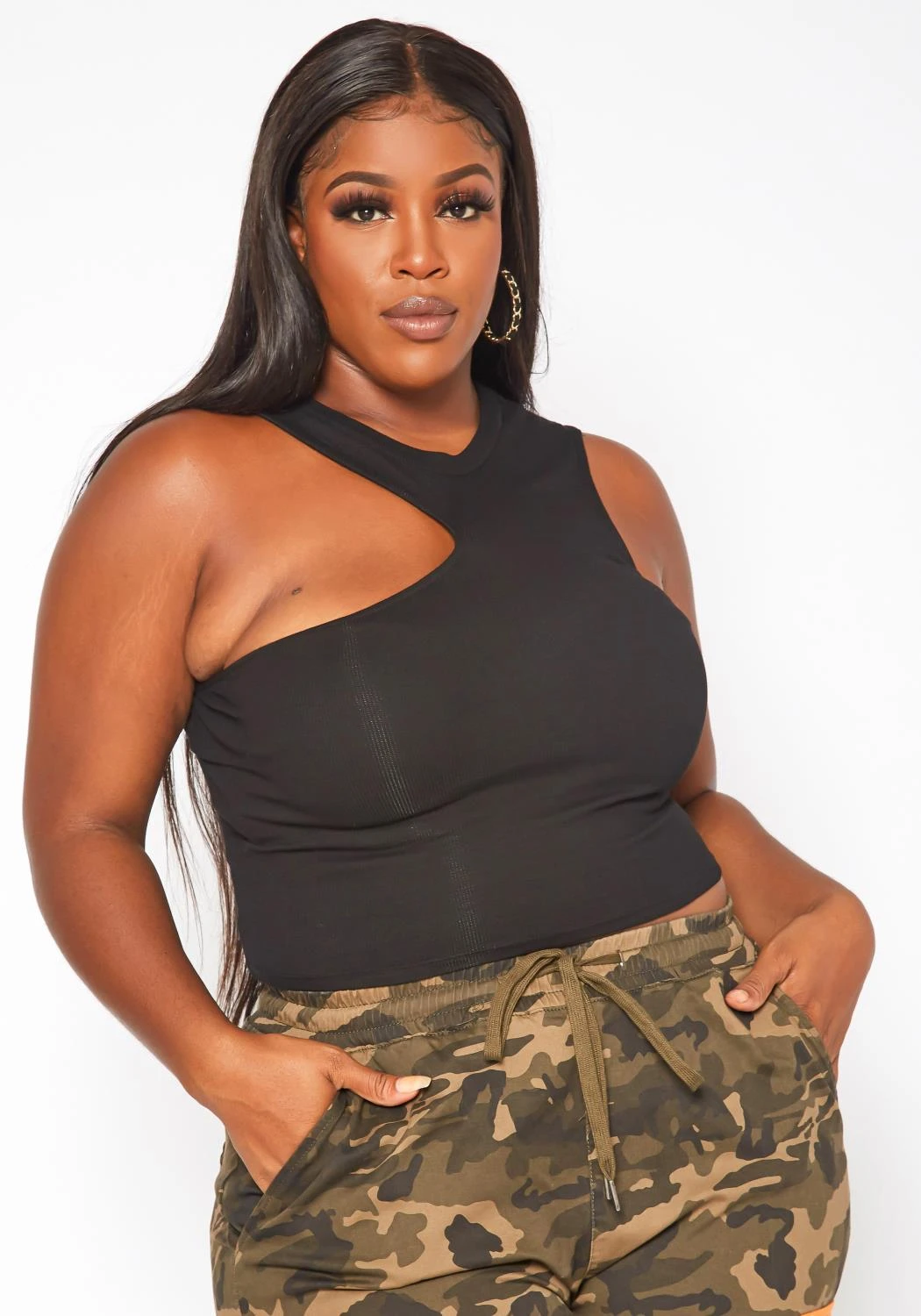 Plus Size Ribbed Knit Asymmetric One Sleeve Top 1 Plus Size Ribbed Knit Asymmetric One Sleeve Top