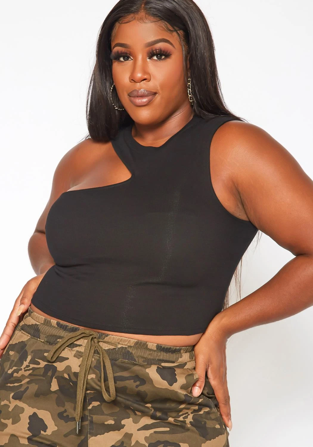 Plus Size Ribbed Knit Asymmetric One Sleeve Top 2 Plus Size Ribbed Knit Asymmetric One Sleeve Top - Image 2