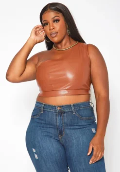 Plus Size Faux Leather One Sleeve Crop Top