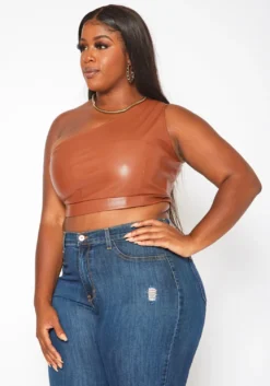 Plus Size Faux Leather One Sleeve Crop Top -Asoph Fashion Shop 2018820 106 2