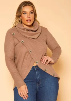 Plus Size Waffle Knit Funnel Neck Sweater