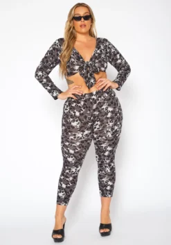 [Special Price] Plus Size Leopard Print Tie Front Crop Top & Leggings Set