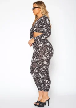 [Special Price] Plus Size Leopard Print Tie Front Crop Top & Leggings Set -Asoph Fashion Shop 2018907 001 2