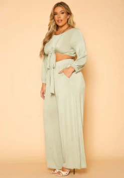 Plus Size Tie Front Crop Top & Pants Set -Asoph Fashion Shop 2019092 151 2