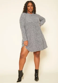 Plus Size Spotted Long Sleeve Flare Mini Dress