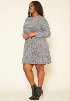 Plus Size Spotted Long Sleeve Flare Mini Dress -Asoph Fashion Shop 2019169 107 2