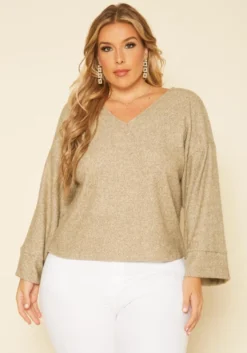 Plus Size Relaxed Fit V Neck Open Back Sweater