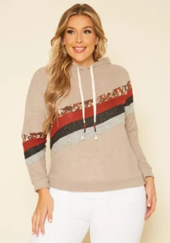 Plus Size Multi Striped Hooded Sweater