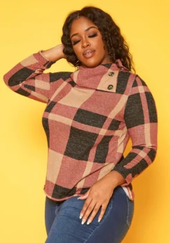 Plus Size Plaid Asymmetric Collar Sweater -Asoph Fashion Shop 2019183 128 2
