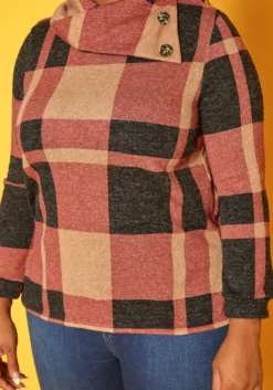 Plus Size Plaid Asymmetric Collar Sweater -Asoph Fashion Shop 2019183 128 4
