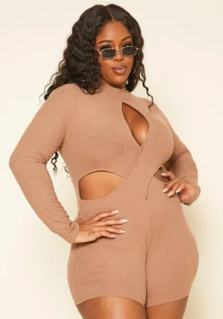 Plus Size Ribbed Knit Cut Out Romper